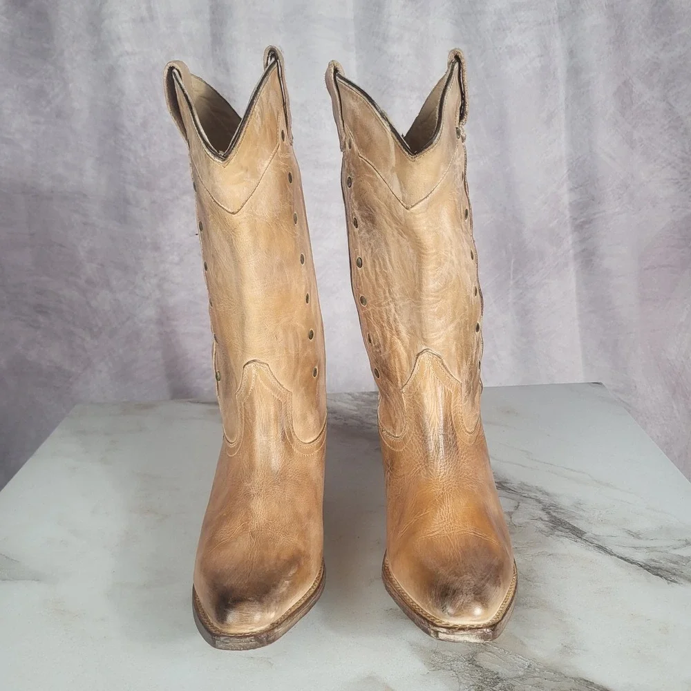 Bed Stu Cobbler Western Cowboy Boots Tan Size 9 Women's Cross Stitch